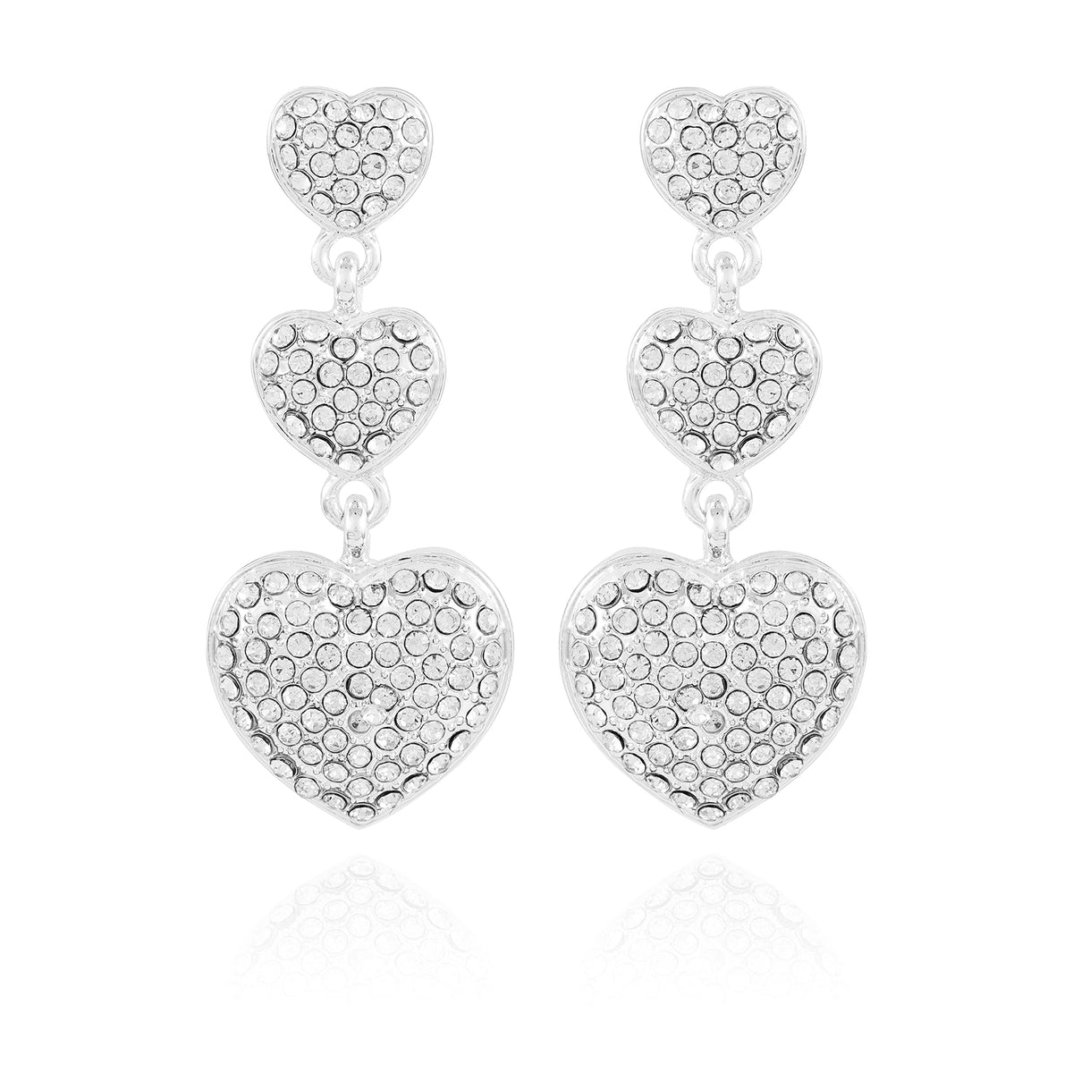 GUESS Silvertone Triple Pave Crystal Glass Stone Heart Linear Dangle Drop Earrings