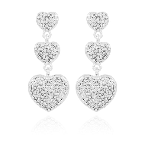 GUESS Silvertone Triple Pave Crystal Glass Stone Heart Linear Dangle Drop Earrings