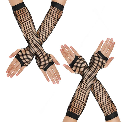 2 Pairs Fingerless Neon Fishnet Gloves Long Fishnet Mesh Fingerless Gloves 80s 90s Party Cosplay Costume Accessories for Women and Girls (Black)