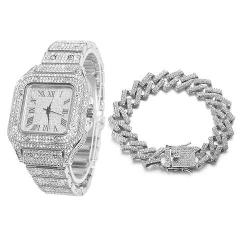 HALUKAKAH Square Dial Diamonds Gold Watch Iced Out, Men's Platinum White Gold Plated Quartz Wristband 24cm, with Cuban Link Bracelet 20cm, Free Giftbox