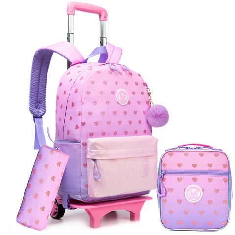 Oruiji Rolling Backpack for Girls Cute Pink Backpack with Wheels Girls Backpack with Lunch Box Set Kids Suitcase for Girls Wheeled Backpack for Elementary Middle School School Supplies for Kids