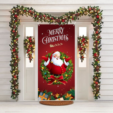 Christmas Party Decorations, Large Merry Christmas Backdrop Banner, Fabric Santa Photo Booth Background Door Cover Wall Decorations Christmas Party Supplies for Outdoor Indoor, 90 x 185 cm