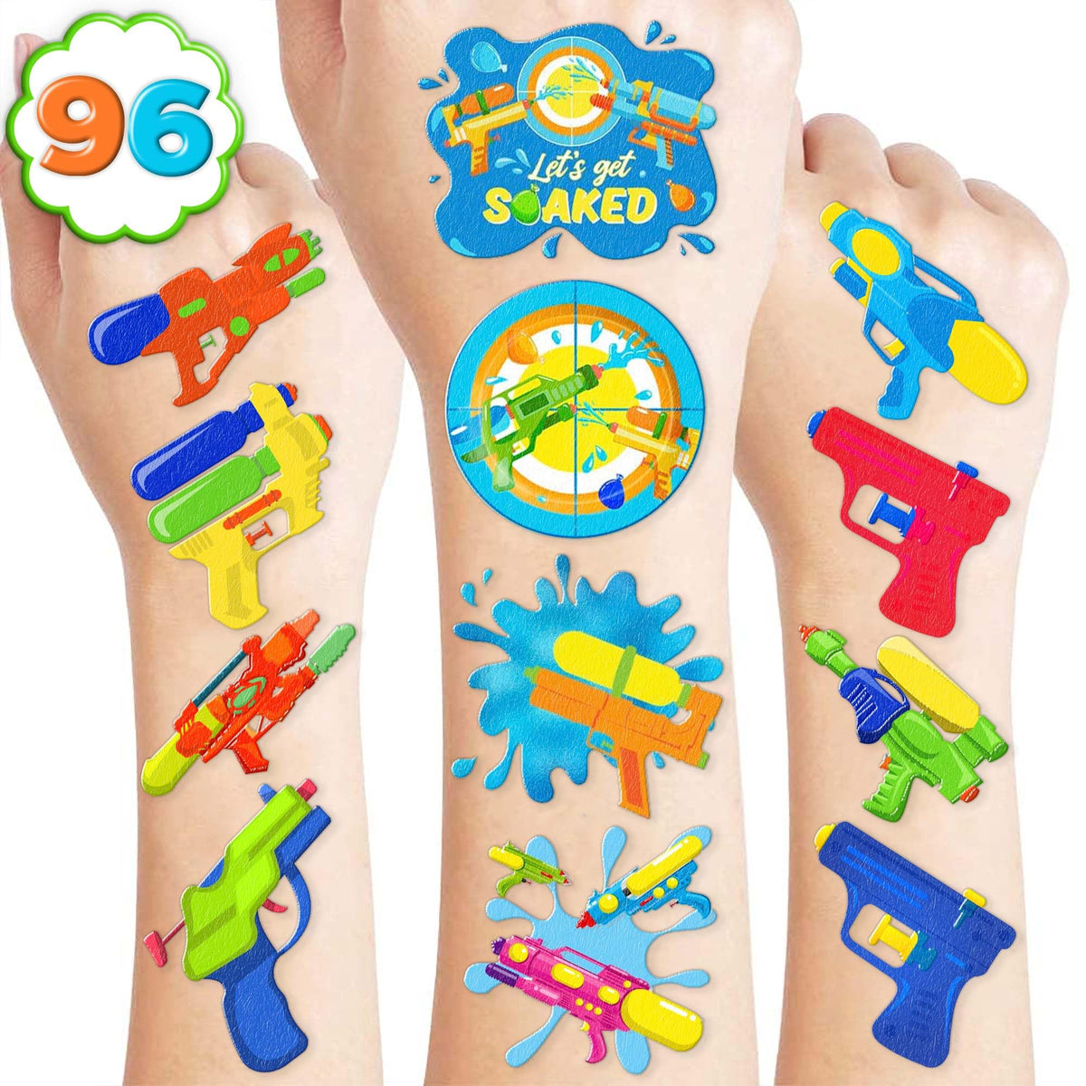 Generic 96PCS Water Squirt Gun Temporary Tattoo Stickers Pool Birthday Party Favors Decorations Supplies Decor Theme for Boys Girls School Classroom Activity Outdoor Prizes Rewards, Blue
