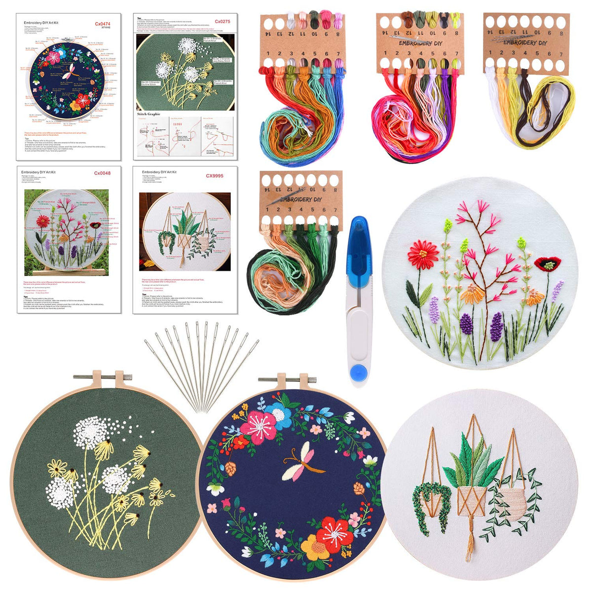 FEPITO 4 Sets Embroidery Starter Kit with Pattern and Instructions Cross Stitch Kit includes 4Pcs Embroidery Clothes with Floral Pattern, 2 Pcs Embroidery Hoops, Scissor, Color Threads Needle Kit