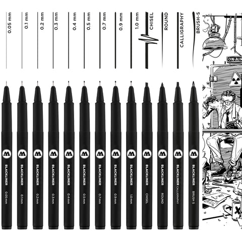 Molotow Blackliner Permanent Ink Pencils, 0.05-1.0 mm Fine Tip and Special Case, Case, Black, Pack of 13