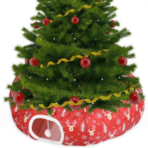 Yeyeplum Christmas Cat Tunnel Bed Toys Cat Tunnel for Indoor Cats Xmas S Shape Tube Tunnel with Ball Under Christmas Tree Cat Cave Cat Kitten Toy Santa Claus Elk Patterns Xmas Gift Pets(Red,Cute)