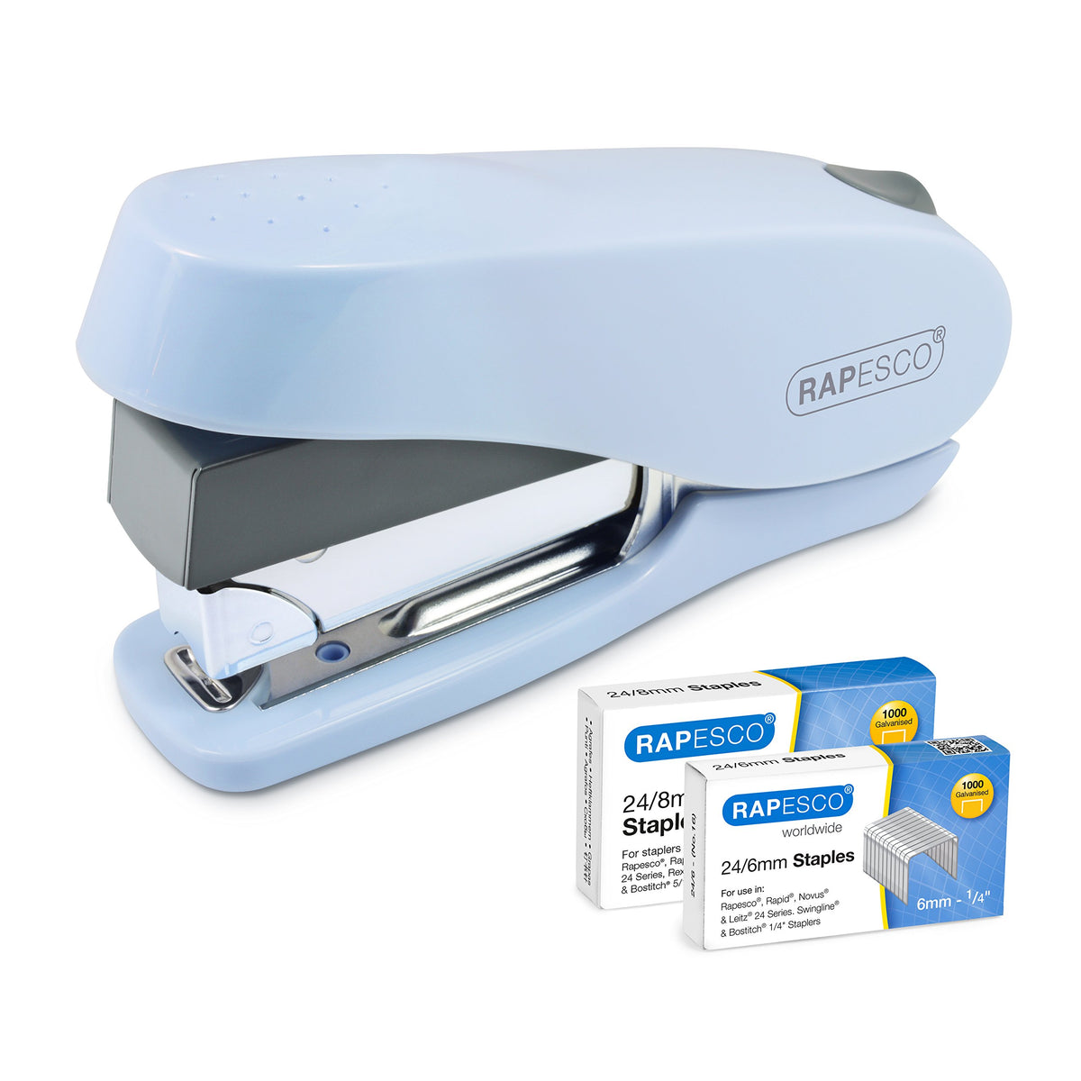 Rapesco 1469 Luna Less Effort Stapler with 2000 Staples, 50 Sheet Capacity, Powder Blue