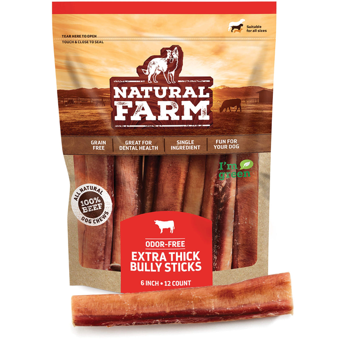 Natural Farm Odor Free Jumbo Bully Sticks (6 Inch, 12 Pack), Extra-Thick Dog Treats - Fully Digestible 100% Beef Treats, Natural Dental Chews - Keep Your Dog Busy with 50% Longer Lasting Chews