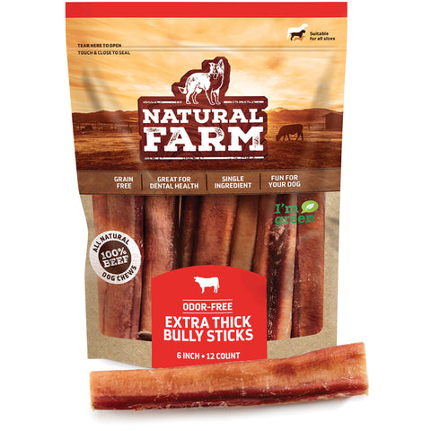 Natural Farm Odor Free Jumbo Bully Sticks (6 Inch, 12 Pack), Extra-Thick Dog Treats - Fully Digestible 100% Beef Treats, Natural Dental Chews - Keep Your Dog Busy with 50% Longer Lasting Chews