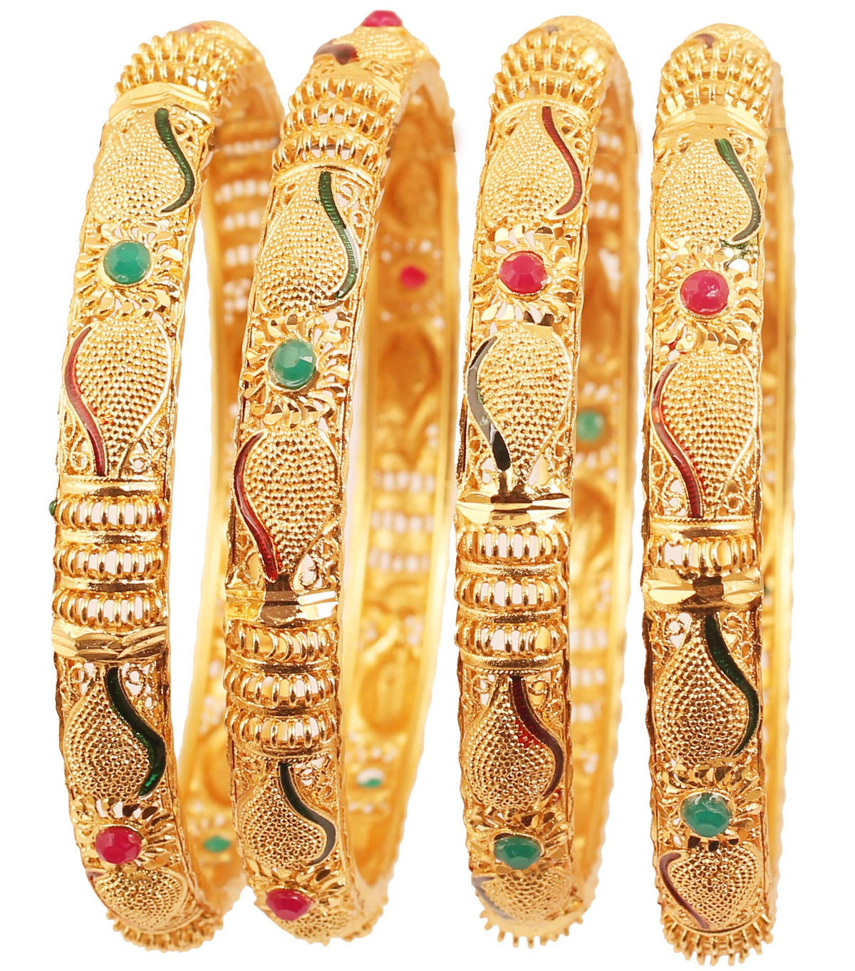 Touchstone NEW Golden Bangle Collection Indian Bollywood Desire Beautifully Carved Conch Shell Inspired Faux Ruby Emerald Thick Designer Jewelry Bangle Bracelets. Set of 4. In Gold Tone For Women