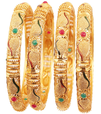 Touchstone NEW Golden Bangle Collection Indian Bollywood Desire Beautifully Carved Conch Shell Inspired Faux Ruby Emerald Thick Designer Jewelry Bangle Bracelets. Set of 4. In Gold Tone For Women