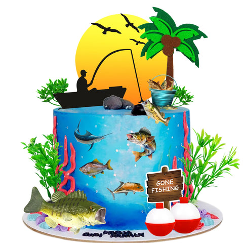 17 PCS Gone Fishing Cake Topper Fish Cake Topper Fisherman Themed Birthday Cake Decorations with Sea Bass Seaweeds for Man Kids Boy Fisherman (Fishing)