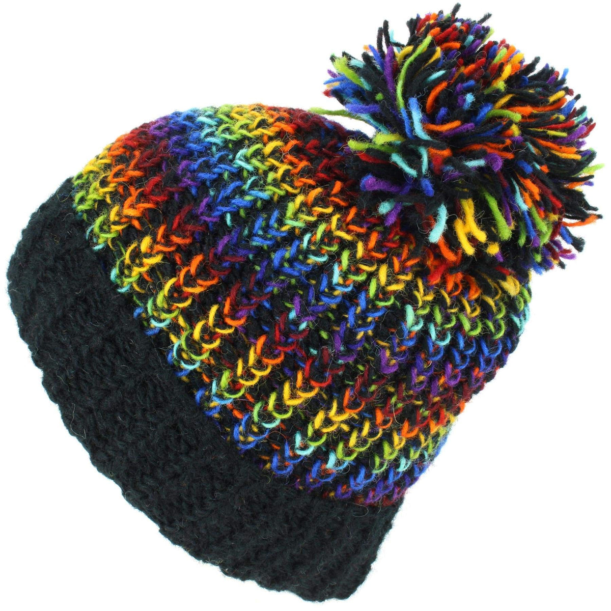 LoudElephant Wool Knit Beanie Bobble Hat - Black Rainbow