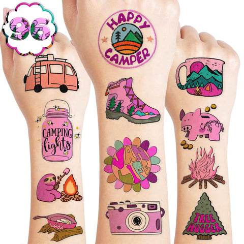Camping Temporary Tattoos Pink Birthday Party Supplies Favors Decorations for Girls Theme Camp Glamping Smores Hiking Picnic Cute 96PCS Tattoos Stickers for Kids Boys Classroom Rewards Gifts Ideal