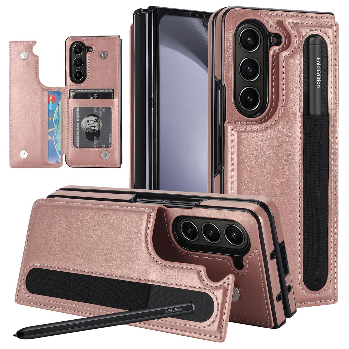 XIMAND for Samsung Galaxy Z Fold 5 Wallet Case with Credit Card Holder and S-Pen Holder,Fold Premium Leather Magnetic Clasp Kickstand Heavy Duty Protective Cover.(Rosegold)