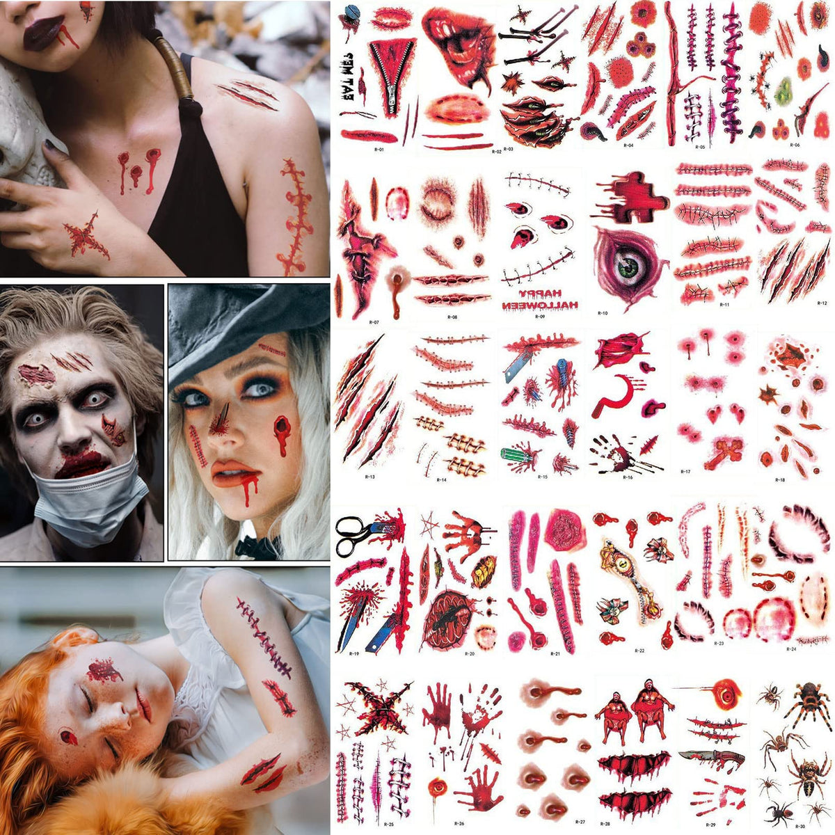 30 Sheets Scar Tattoo Temporary Halloween Makeup Tattoos Body Face Scar Realistic Temporary Zombie Tattoos Fake Bloody Wound Cosplay Party Masquerade