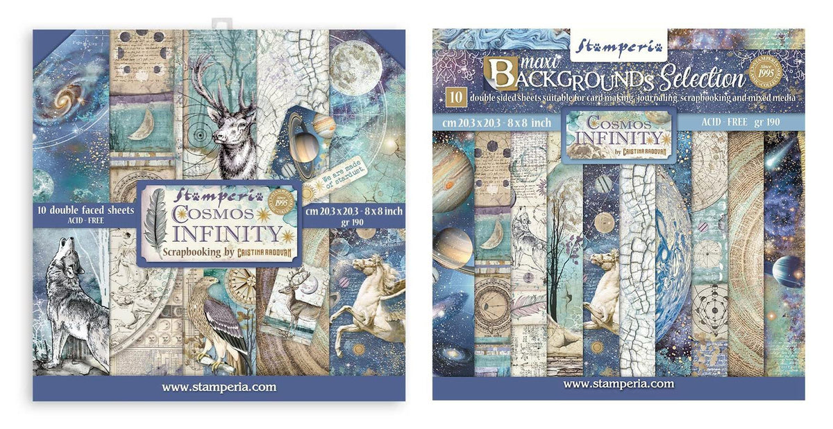 Stamperia International Cosmos Infinity Bundle: 8" X 8" Double-Sided Paper Pad + 8" X 8" Backgrounds Double-Sided Paper Pad
