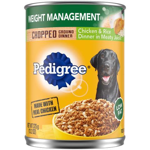 PEDIGREE CHOPPED GROUND DINNER Weight Management Adult Canned Soft Wet Dog Food, Chicken & Rice Flavor, 13.2 oz. Cans (Pack of 12)