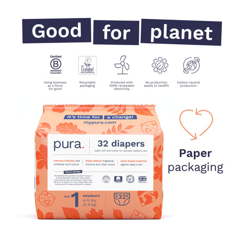 Pura Size 1 Eco-Friendly Diapers (4-11lbs) Hypoallergenic, Soft Organic Cotton Comfort, Sustainable, Wetness Indicator, Allergy UK Certified. Newborn 1 Pack of 32 Baby Diapers