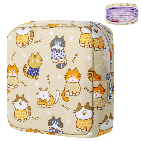 Likesing Period Bag Pouch, Canvas Sanitary Napkin Storage Bag for Girls Womens, Portable Sanitary Napkin Period Pad Pouch Bag for Purse, Small Make Up Bags(Khaki Cat)