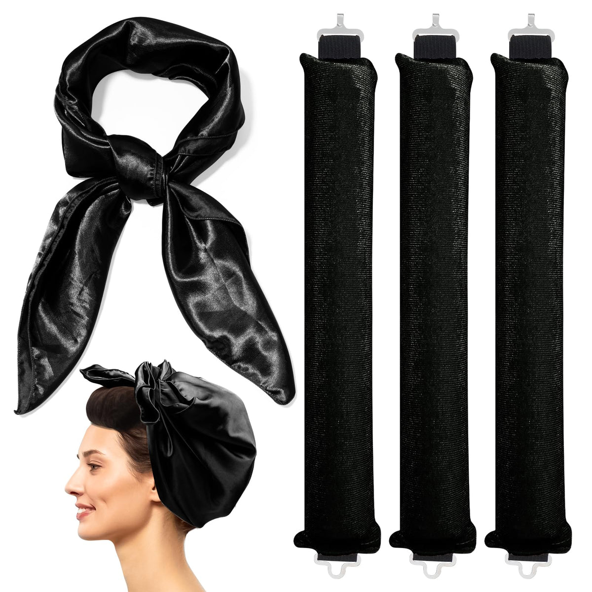 Aodse 3Pcs Overnight Blowout Rods Jumbo, Heatless Curls Overnight Hair Curler Soft Satin Sleep in No Heat Curling Set Large Foam No Heat Hair Wrap for All Hair Types (Black)
