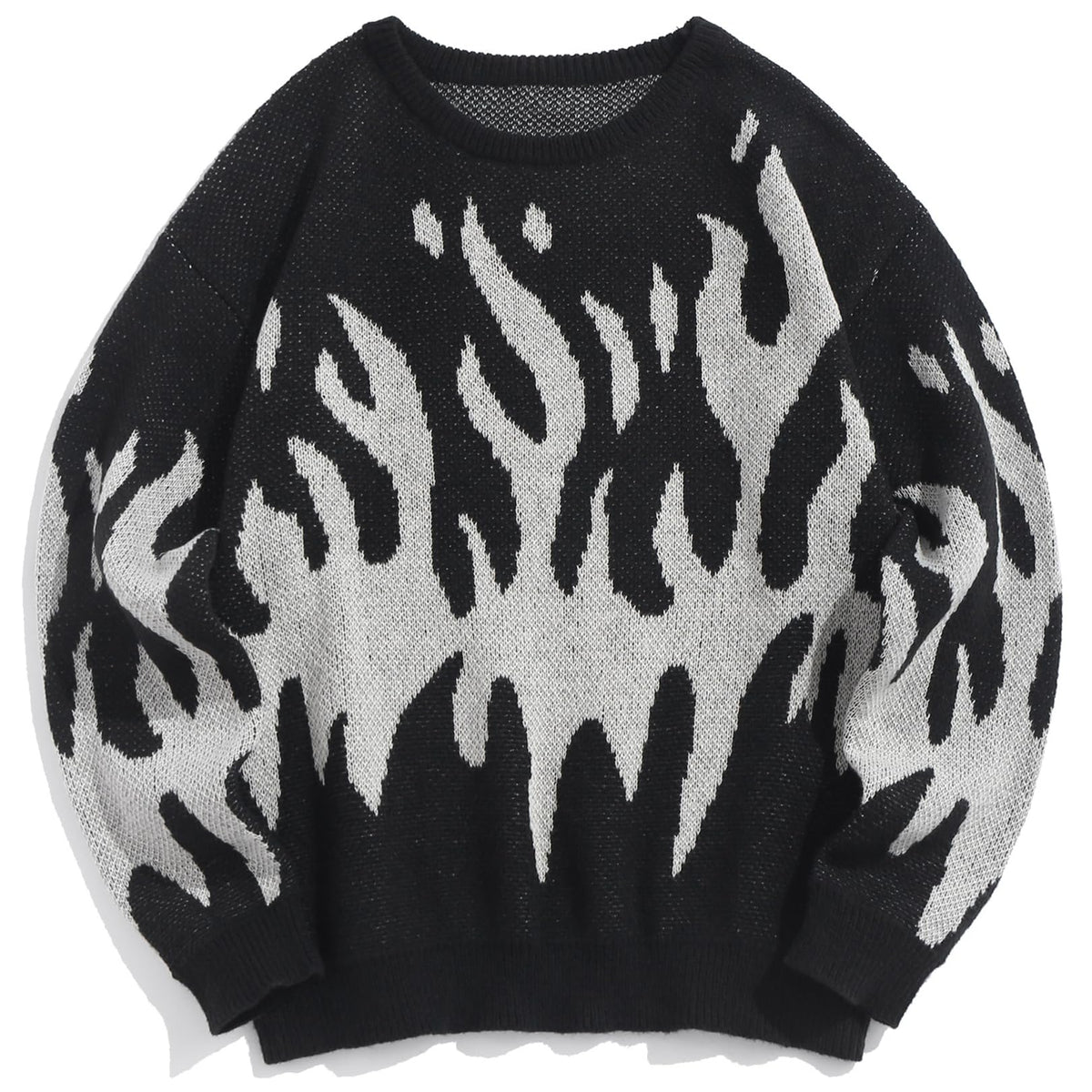 ZAFUL Mens Fashion Y2K Sweaters Unisex Oversized Jumper Crewneck Long Sleeve Casual Knit Flame Sweater Black L