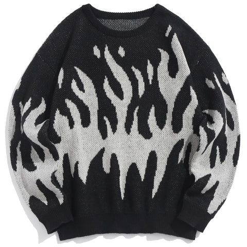 ZAFUL Mens Fashion Y2K Sweaters Unisex Oversized Jumper Crewneck Long Sleeve Casual Knit Flame Sweater Black L