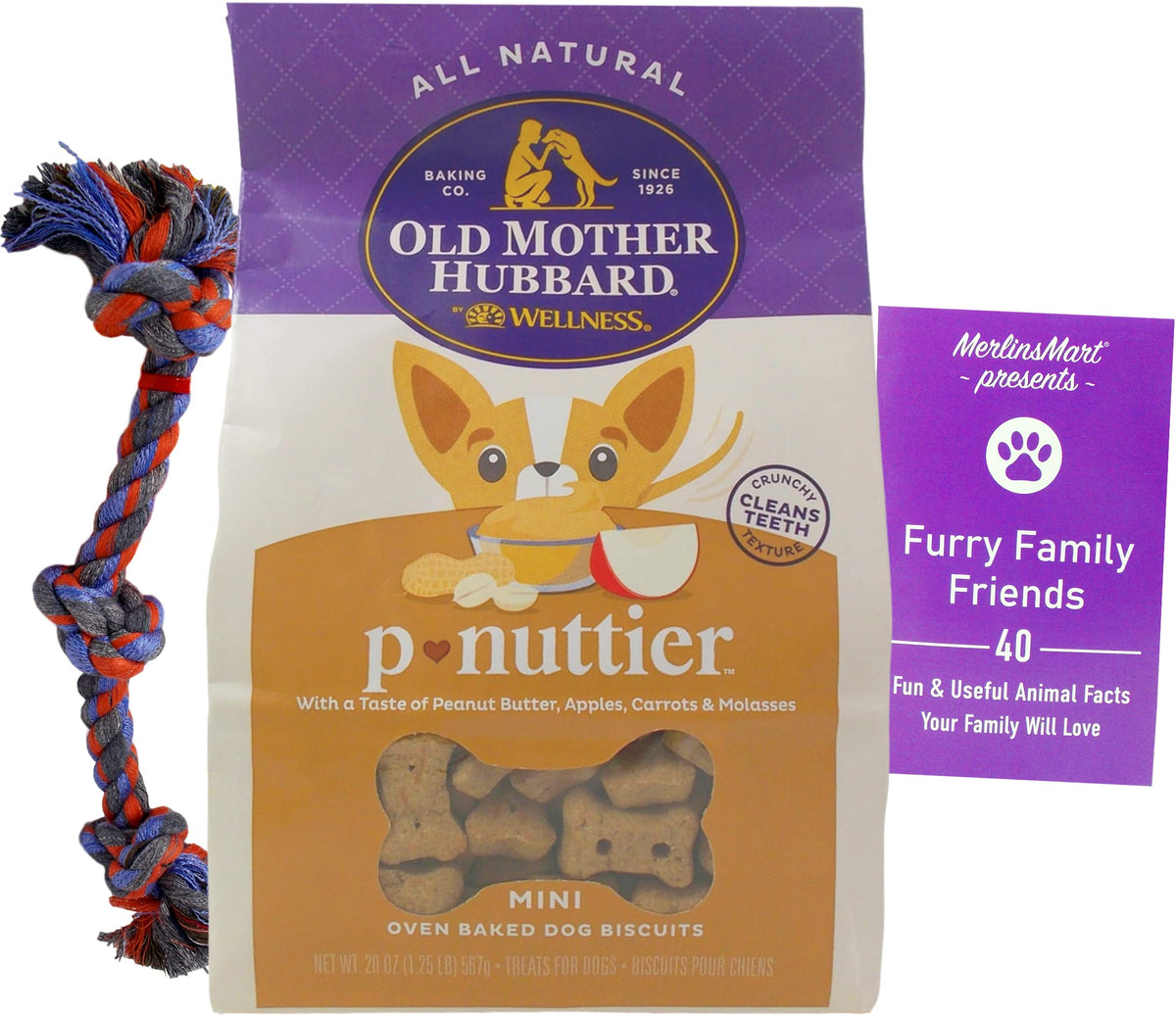 Old Mother Hubbard Classic P-Nuttier Dog Treats - Mini Sized Snacks (20 Ounces) - Plus Rope Toy and Fun Animal Facts Booklet Bundle