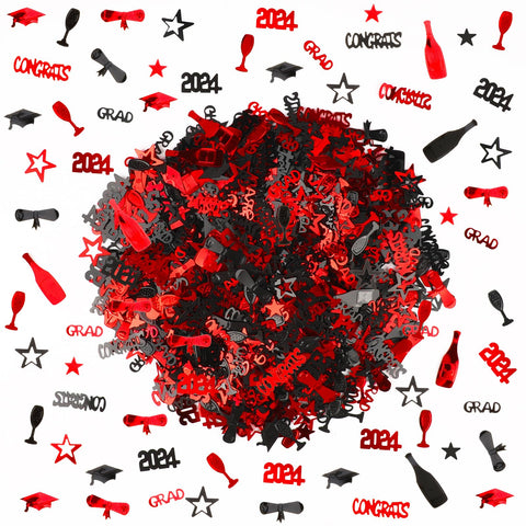 Konsait 2024 Graduation Confetti, Black Red Graduation Decor Party Supplies, 2 Oz/ 1500 Pieces Graduation Table Decorations Congrats Stars 2024 Cap Goblet Diploma Confetti for Birthday Grad Favors