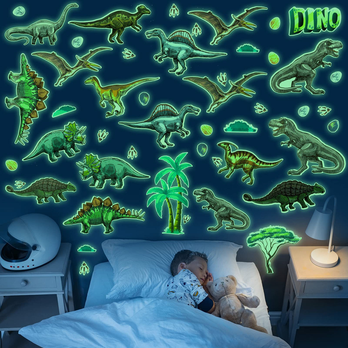 Zonon 114 Pcs/ 4 Sheet Glow in The Dark Dinosaurs Stickers for Wall Waterproof Glowing Dinosaur Wall Decals Large Removable Glow Wall Decor for Boy Bedroom Ceiling Kid Nursery Playroom