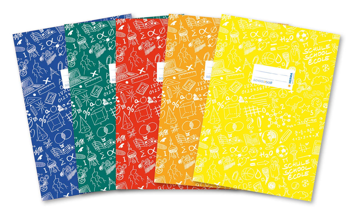 HERMA Exercise Book Cover A4 SCHOOLYDOO design, with inscription label, made of wipeable and sturdy plastic, slip on cover jackets for school, pack of 5, assorted colours, 20211