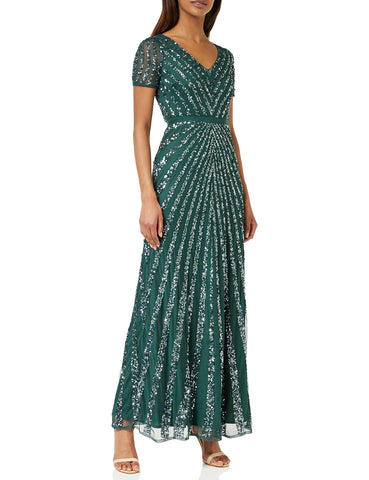 Maya Deluxe Women's Maxi Ladies Embellished Sequin Dress Long Short Sleeve V Neck High Empire Waist A Cut Shiny Prom Wedding Bridesmaid, Emerald Green, 24