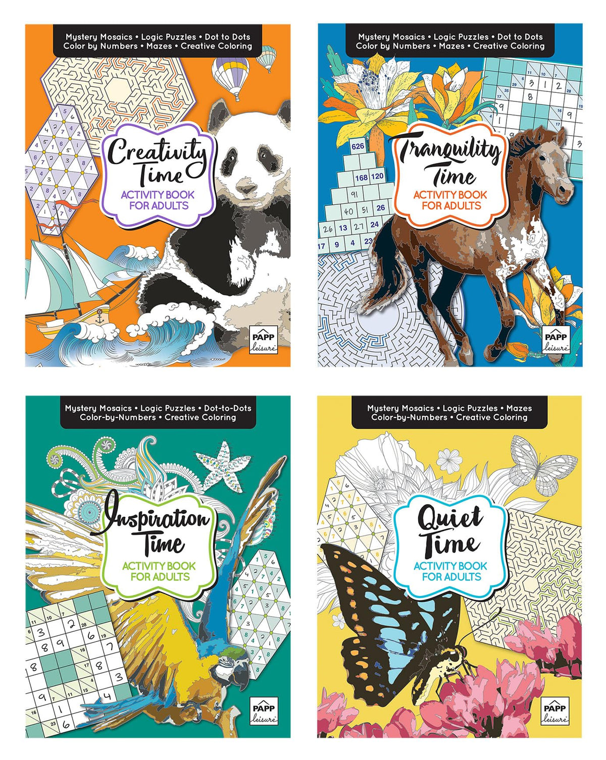 Activity Books for Adults, 4 Volume Set with Over 100 Pages of Stress-Relieving Activities Like Sudoku, Color by Number, Mosaics, and Inspirational Quotes