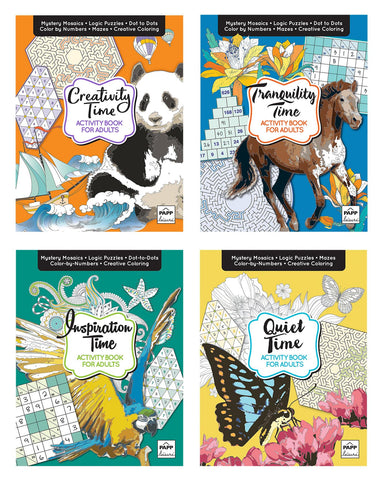 Activity Books for Adults, 4 Volume Set with Over 100 Pages of Stress-Relieving Activities Like Sudoku, Color by Number, Mosaics, and Inspirational Quotes