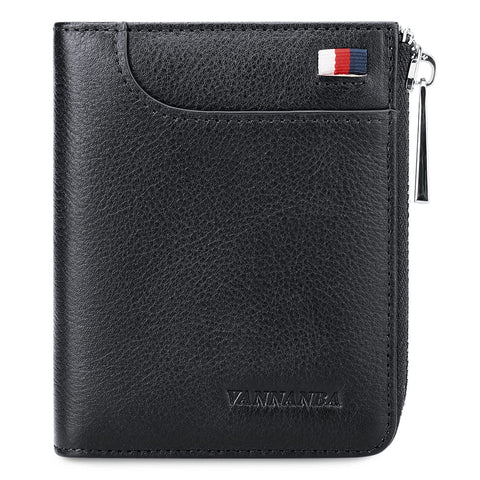 VANNANBA Mens Genuine Leather Zipper Wallet RFID Blocking Bifold Zip Around Wallets Multi Credit Card Holder with Coin Pocket & Bill Compartment(black)