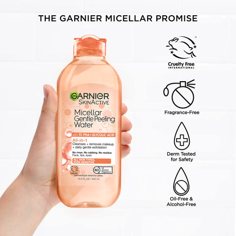 Garnier SkinActive Gentle Peeling Micellar Water with 1% PHA and Glycolic Acid, Face Exfoliant, Facial Cleanser and Makeup Remover, 2 Pack