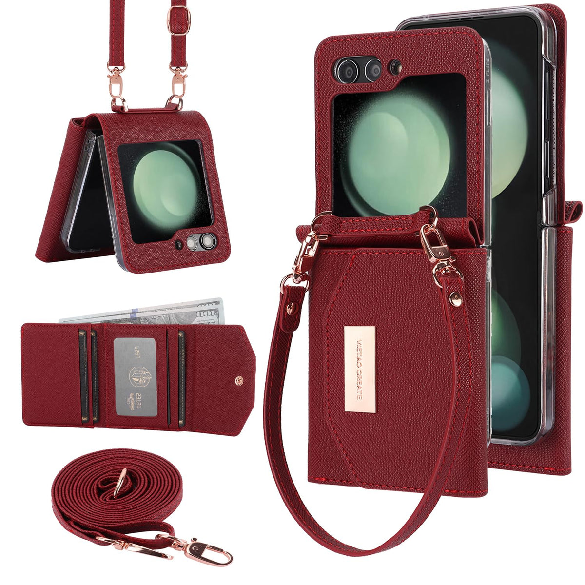 XIMAND for Samsung Galaxy Z Flip 5 Wallet Case with Built-in Leather Cash Slot and Credit Card Holder. Wristlet Strap and Hinge Protection, Carrying Handbag Phone Case for Women Ladies.(Dark Red)