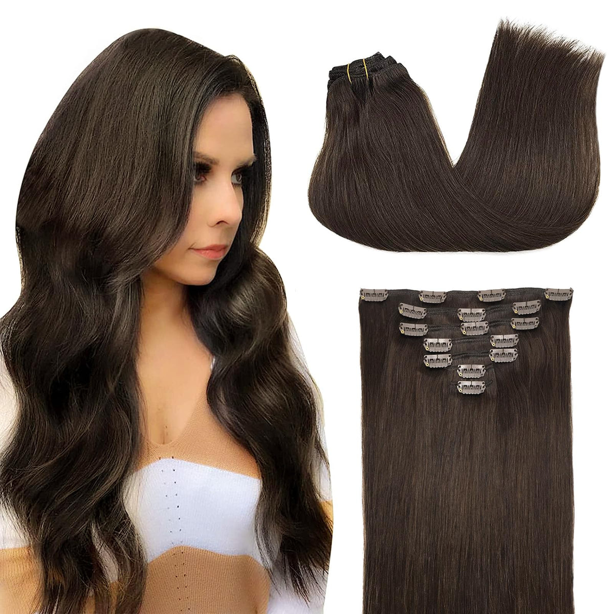 DOORES Hair Extensions Clip in Human Hair, Light Dark Brown 18 Inch 120g 7pcs Clip in Hair Extensions Real Human Hair Natural Hair Extensions Straight Thick