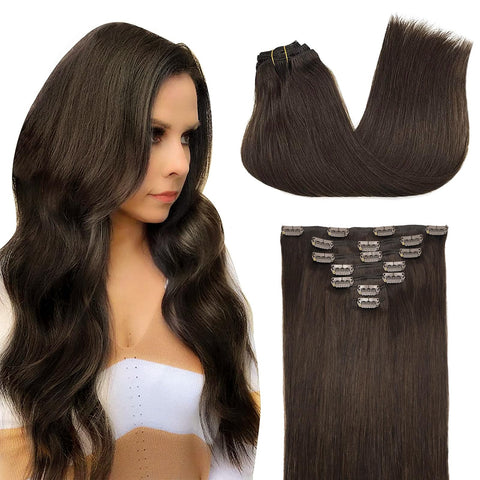 DOORES Hair Extensions Clip in Human Hair, Light Dark Brown 18 Inch 120g 7pcs Clip in Hair Extensions Real Human Hair Natural Hair Extensions Straight Thick
