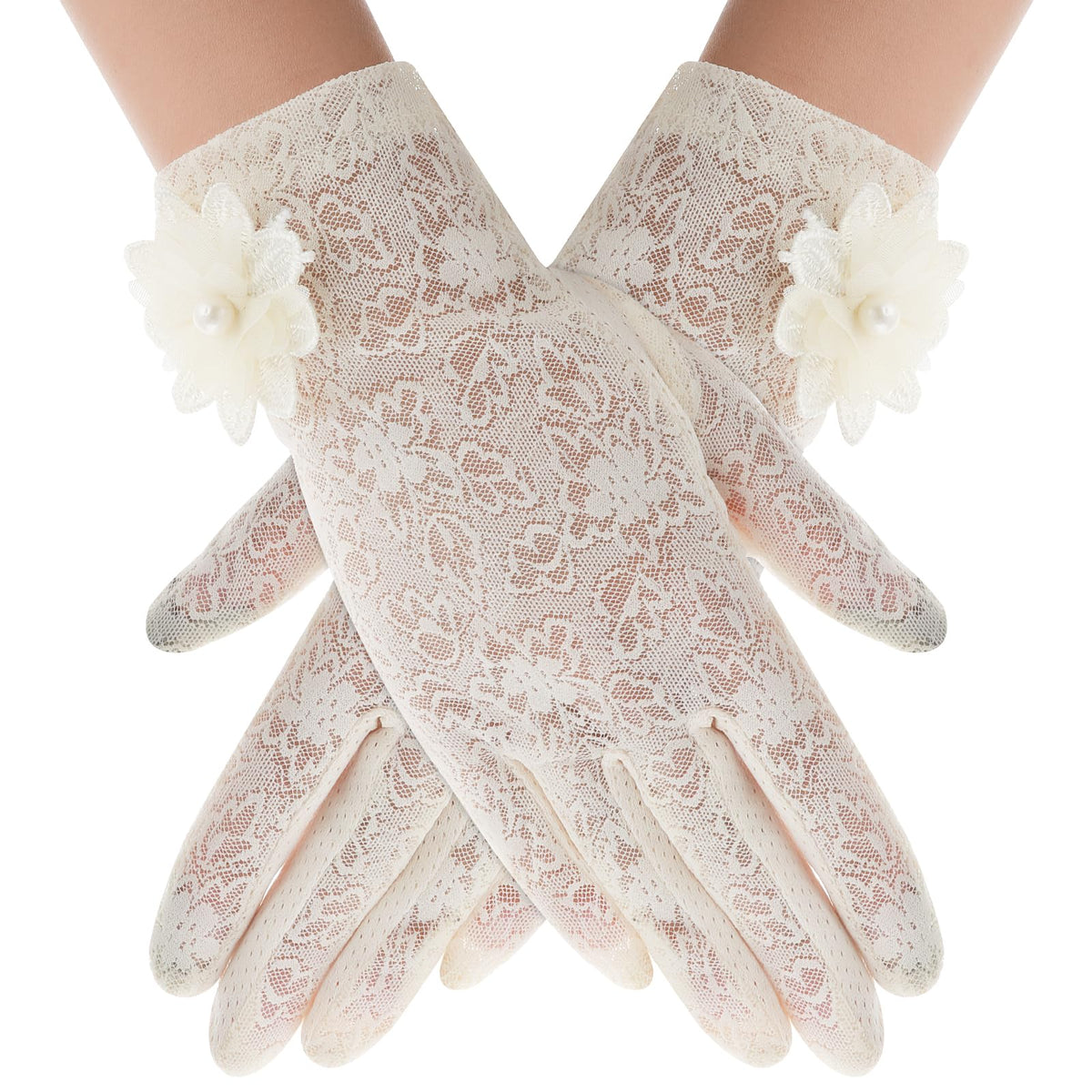 Yolev Ladies Floral Lace Gloves Short Elegant Gloves Stretchy Summer Sun UV Protection Driving Gloves with Touch Screen for Wedding Opera Dinner Party (Beige)
