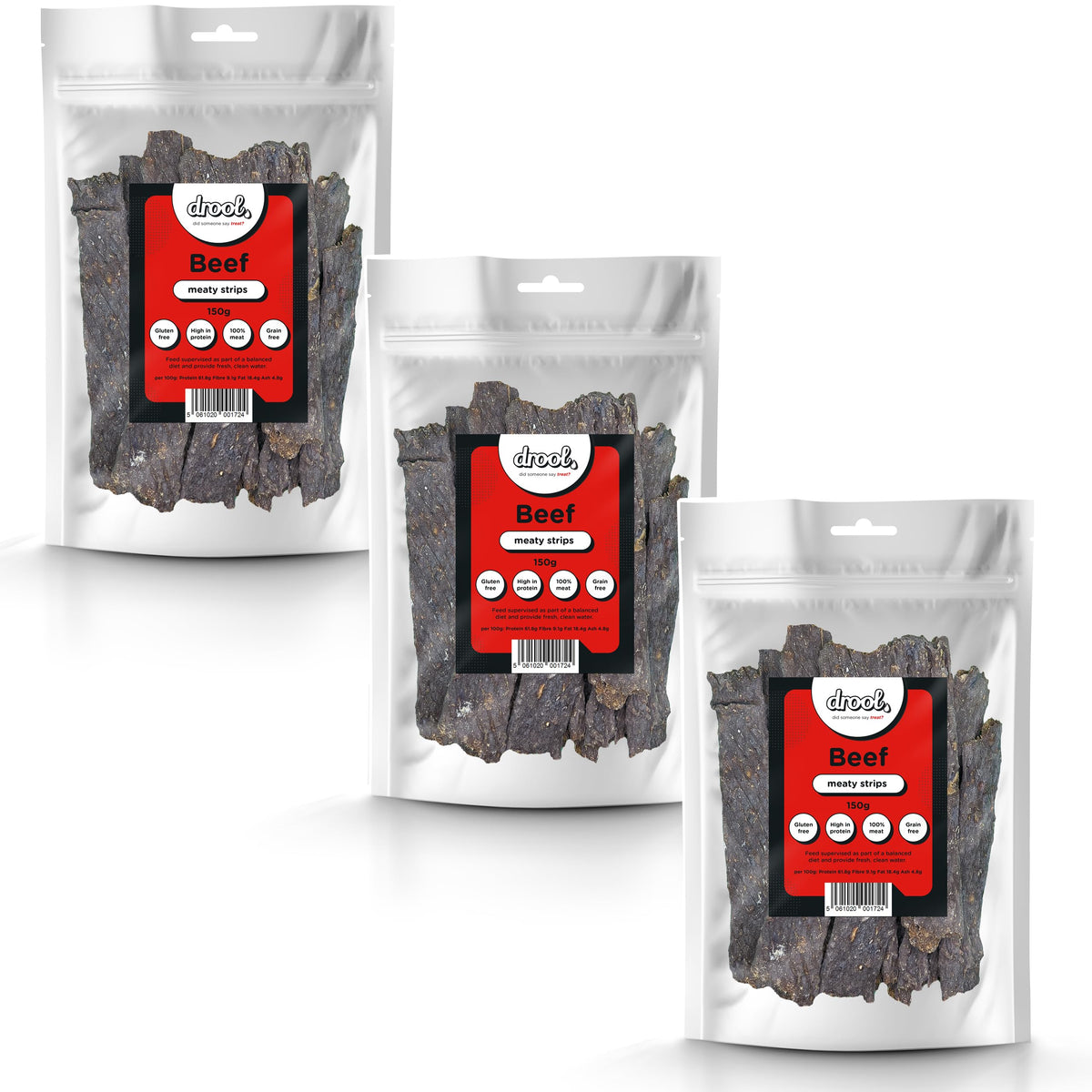 Drool Pet Products 100% Pure Dried Fresh Meat Beef Triple Pack Meaty Strips for dogs 3 x 150g Air-Dried Nibbles Dog Chews for Dogs & Puppies