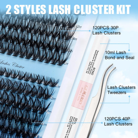 DIY Lash Extension Kit GEMERRY Eyelash Extension Kit Lash Clusters Kit with Lash Clusters 8-16mm Lash Bond and Seal and Lash Tweezers for Self Use at Home Cluster Eyelash Extension Kit