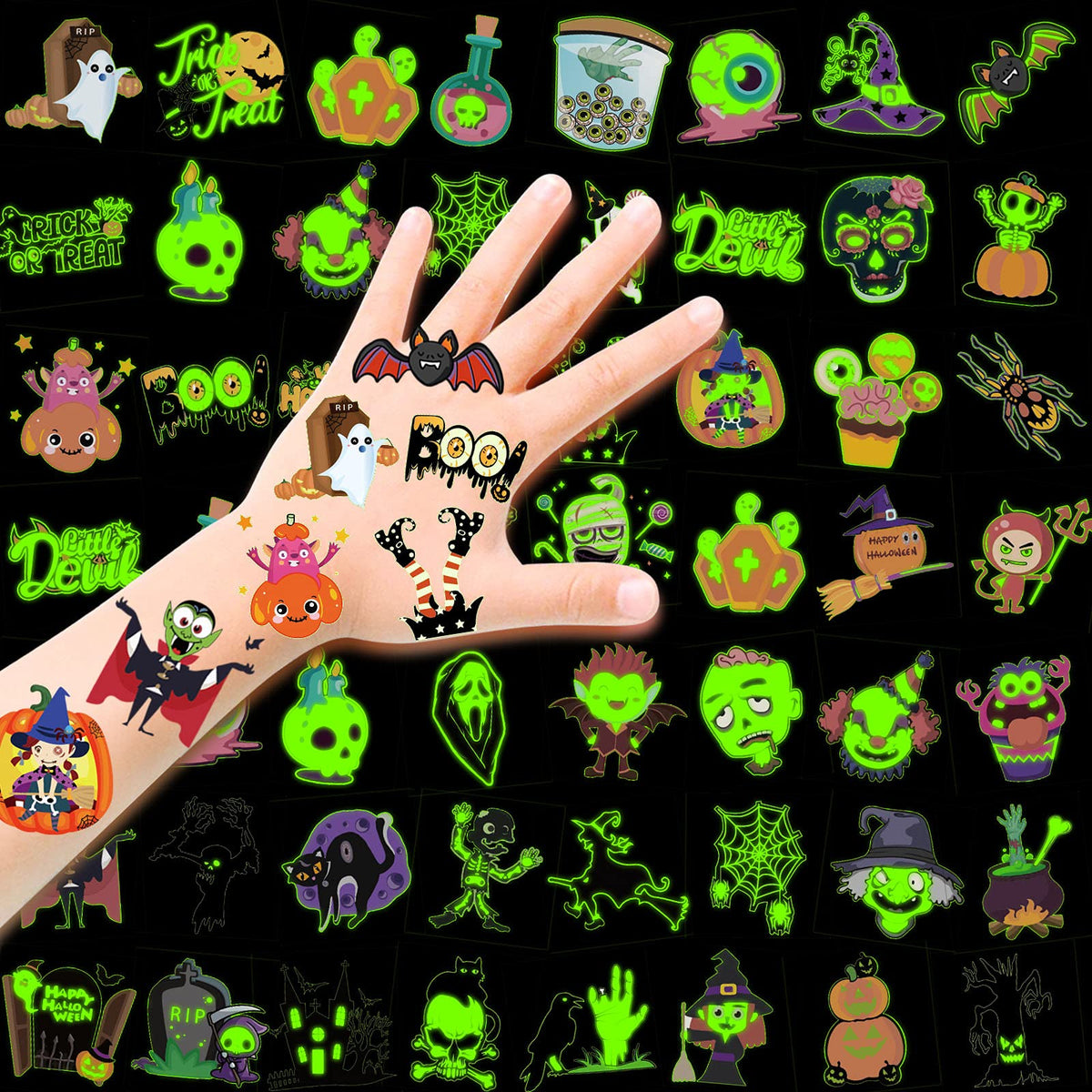 Halloween Assorted Luminous Temporary Tattoos for Kids, 48 Designs 96pcs Glow in the Dark Halloween Tattoos for Boys Girls Kids Halloween Party Favors, Trick or Treat Gifts Children's Party Bag Filler