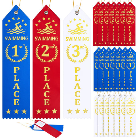Janmercy 75 Pieces Swimming Award Ribbons 1st 2nd 3rd Place Flat Card Set First Place Ribbon with Event Card and Rope for Swimming Competition, Sports Event, Contests, Blue, Red, White