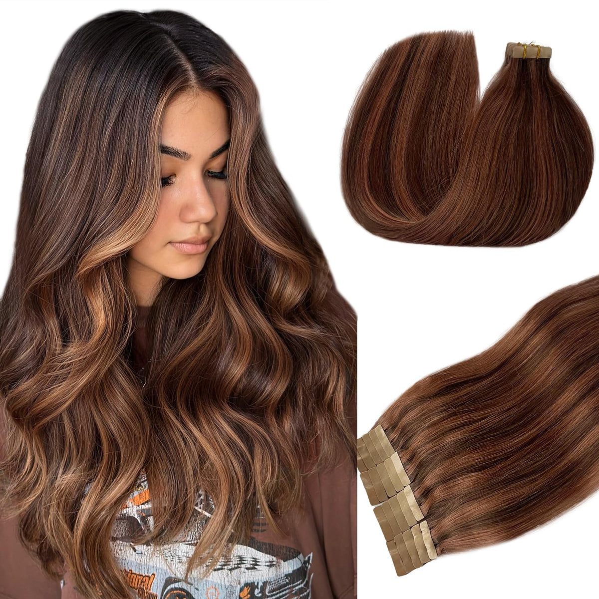 Tape In Hair Extension Real Human Hair Balayage Medium Browm With Medium Auburn 100% Real Human Hair For Women 20pcs 30g/Pack Seamless Skin Weft Tape Hair Extensions Human Hair