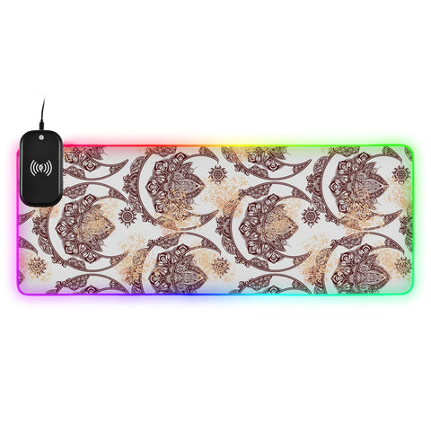 Boho Moon Sun Mandala Wireless Charging Mouse Pad for Mobile Phone Extra Large Gaming Mousepad with 13 Lighting Modes Keyboard Mat for Gaming MacBook PC Laptop Desk Office Home