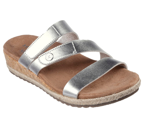 SKECHERS Women's Martha Stewart BREEZIE-Shiny Luster Wedge Sandal, Silver, 9