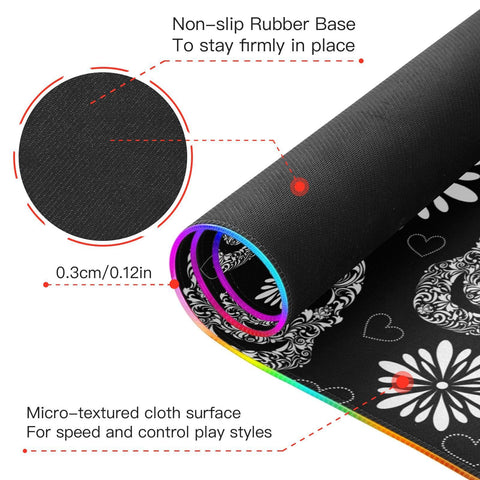 Floral Skulls Black Wireless Charging Mouse Pad for Mobile Phone Extra Large Gaming Mousepad with 13 Lighting Modes Extended Desk Mat for MacBook PC Laptop Desk Office Home Gaming