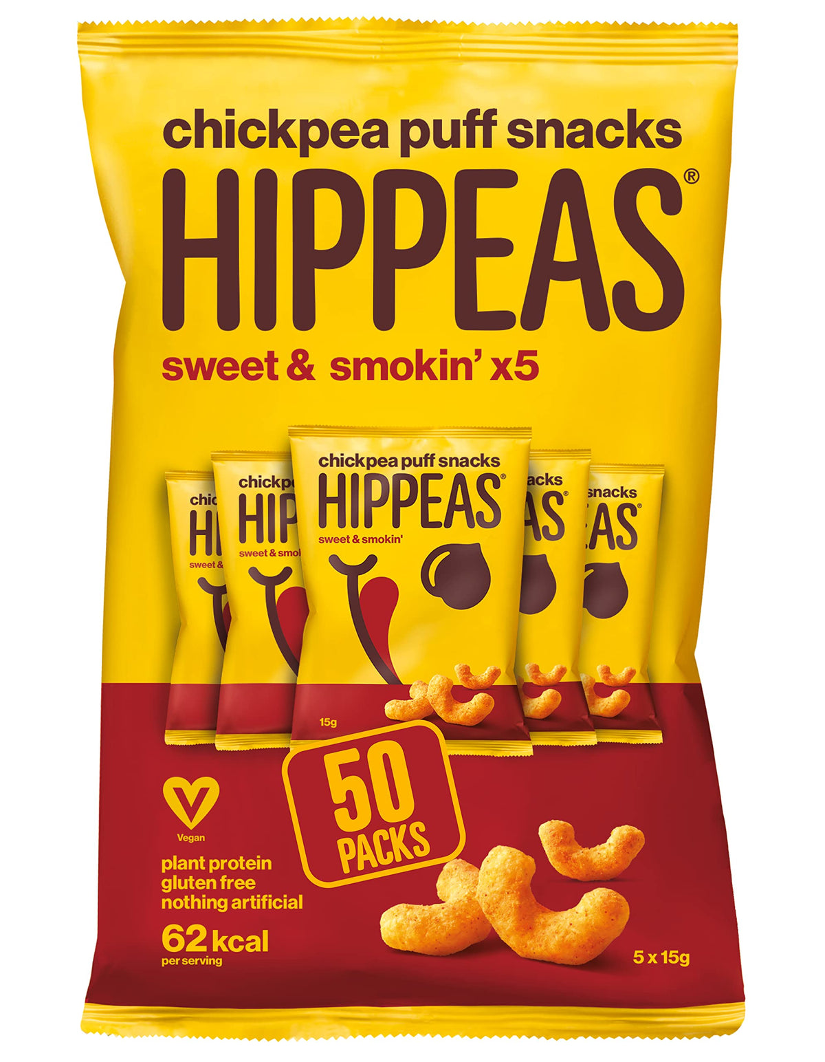 HIPPEAS Smoky Paprika Chickpea Puff Vegan Crisps | 50 x 15g Packets | Plant-Based, Source of Protein & Fibre | Free from Gluten & Artificial Flavours | Light & Crunchy - 62 calories per serving