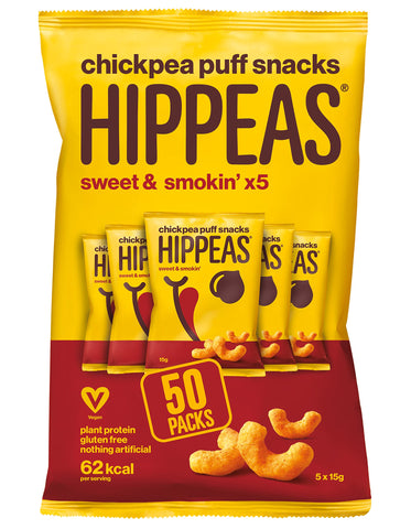 HIPPEAS Smoky Paprika Chickpea Puff Vegan Crisps | 50 x 15g Packets | Plant-Based, Source of Protein & Fibre | Free from Gluten & Artificial Flavours | Light & Crunchy - 62 calories per serving
